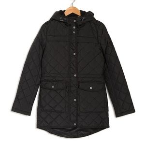 NWT French Connection Faux Shearling Lined Hood Quilted Jacket Solid Black XS
